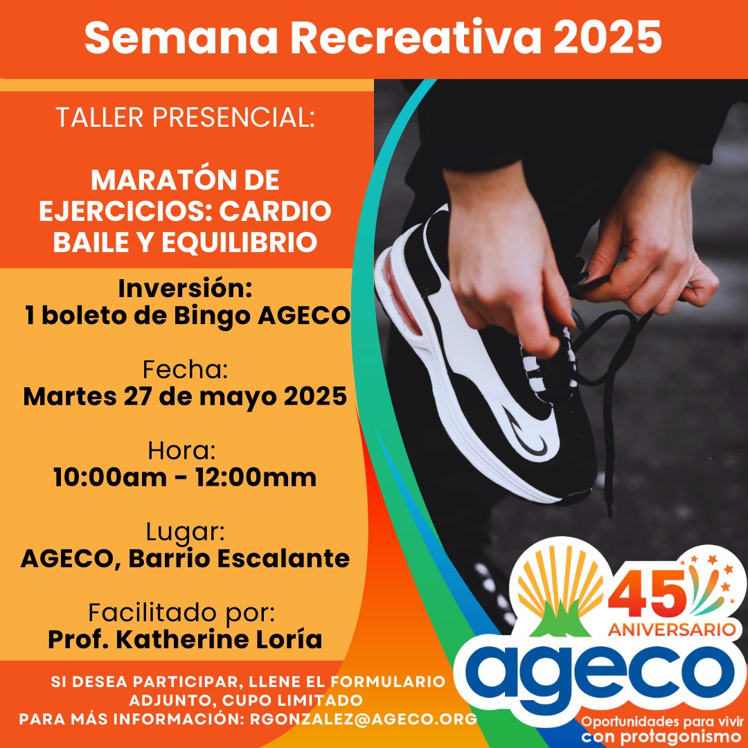 AGECO le invita a la Semana Recreativa 2025 , en la que puede participar de la Maratón de ejercicios: Cardio Baile y Equilibrio

Inversión: Compra de un cartón de bingo AGECO.

✍🏼 Si desea acompañarnos puede llenar el siguiente formulario: forms.gle/JfC8PQf7qGsJCW…