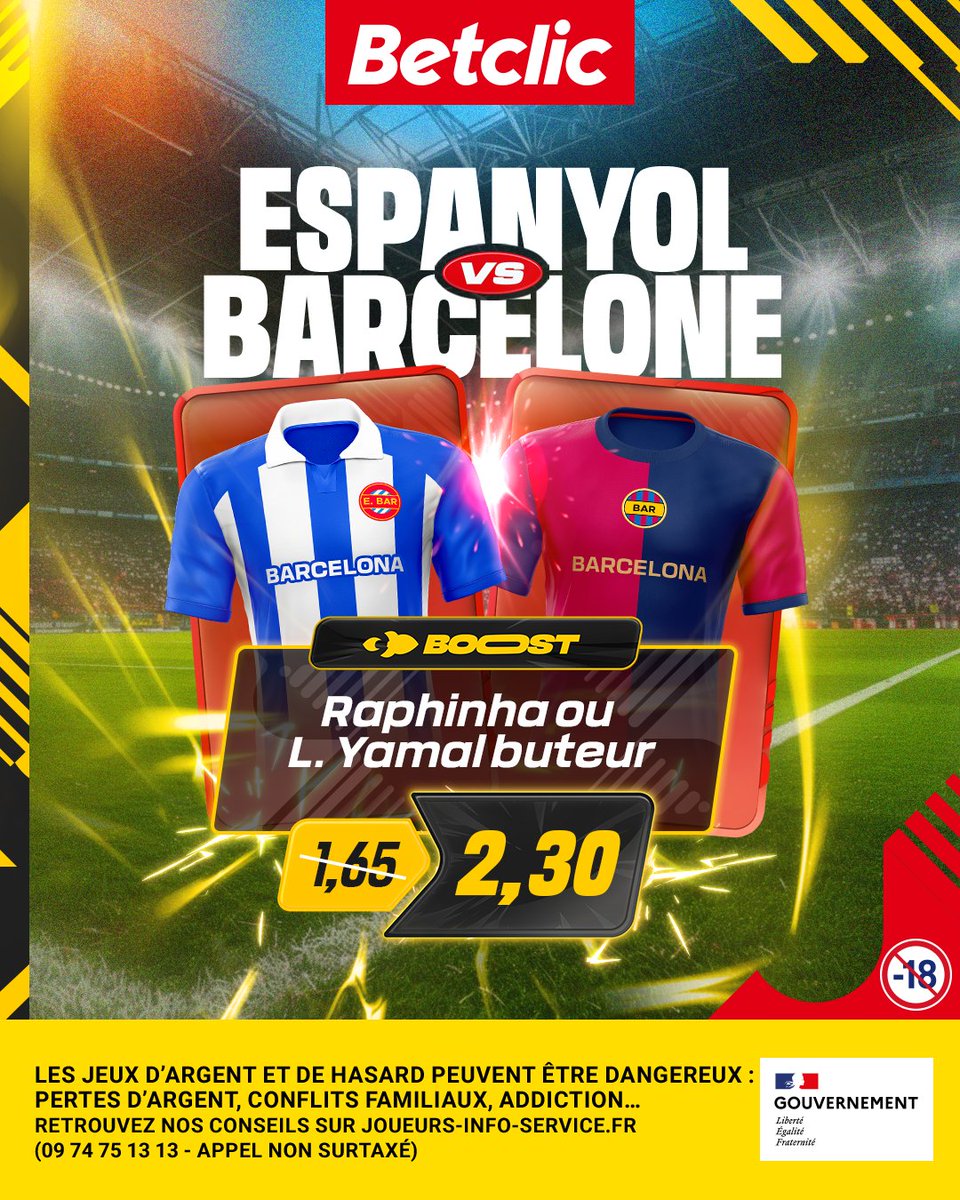 🚀 BOOOOOOST !!! 🤩

Barcelone est à 1 victoire de pouvoir célébrer son titre de champion 🏆

Une Masterclass de son meilleur duo pour finir en beauté ? On booste "Raphinha ou L. Yamal buteur" à 2,30 🔥
 
⚠️ 10€ Max // Dispo jusqu'à 21h30