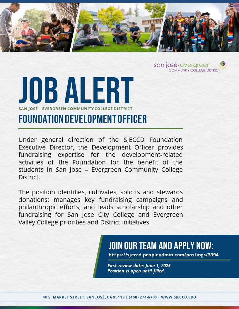 Know a good fundraiser who may be interested in helping more students be able to attend community college? The SJECCD Foundation is hiring a Development Officer!

If this is you, you're encouraged to apply by June 1:
sjeccd.peopleadmin.com/postings/3994