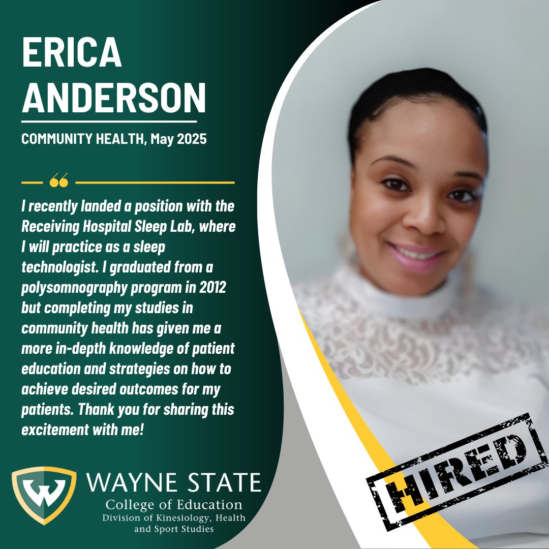 Congratulations to Erica Anderson, recent graduate of the Community Health program who has accepted a position with the Receiving Hospital Sleep Lab!
