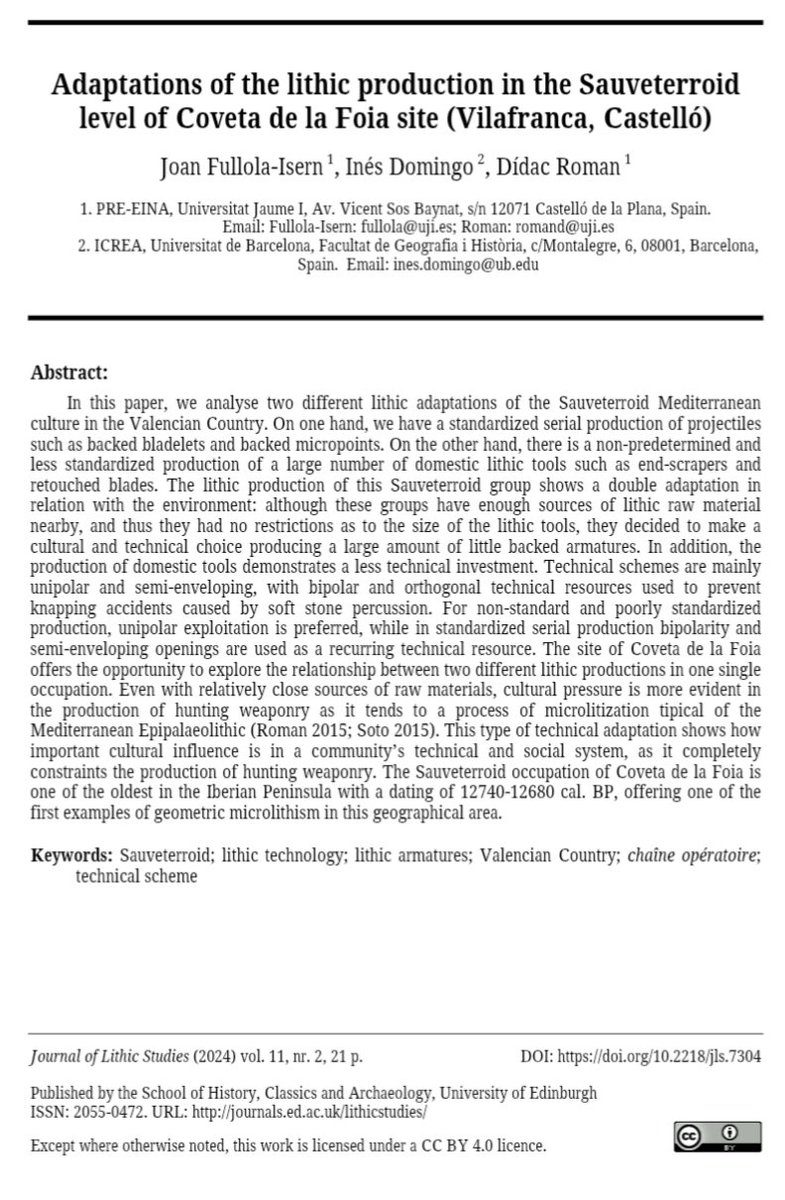 Prehistòria de Castelló (@prehistoriacs) on Twitter photo New paper! 🎉🎉
S'ha publicat a <a href="/LithicStudies/">Lithic Studies</a> un article sobre la tecnologia lítica del nivell Sauveterroide de #CovetadelaFoia.
#Prehistory #Palaeolithic #Vilafranca
#HistoriaUJI #CiènciaUJI
<a href="/UJIuniversitat/">Universitat Jaume I</a> <a href="/UniBarcelona/">Universitat de Barcelona</a>
<a href="/AjVilafranca/">AjVilafranca</a> <a href="/TurVilafranca/">Turismo Vilafranca</a>
journals.ed.ac.uk/lithicstudies/… New paper! 🎉🎉
S'ha publicat a <a href="/LithicStudies/">Lithic Studies</a> un article sobre la tecnologia lítica del nivell Sauveterroide de #CovetadelaFoia.
#Prehistory #Palaeolithic #Vilafranca
#HistoriaUJI #CiènciaUJI
<a href="/UJIuniversitat/">Universitat Jaume I</a> <a href="/UniBarcelona/">Universitat de Barcelona</a>
<a href="/AjVilafranca/">AjVilafranca</a> <a href="/TurVilafranca/">Turismo Vilafranca</a>
journals.ed.ac.uk/lithicstudies/…