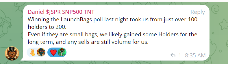 The #LaunchBags effect is a win-win for all involved!

Love working with $JSPR <a href="/JasperHolds/">JasperVonHoldsalot</a> on mutual reciprocal buys of our respective tokens and love seeing the positive effect we had on their community!

A reminder that our next rewards poll closes in ~13 minutes -- it's a