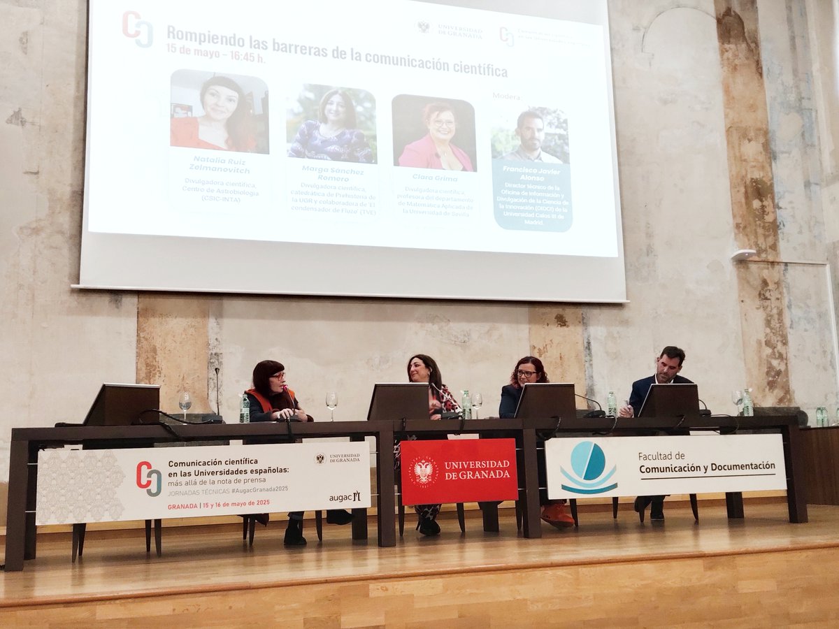 CanalUGR's tweet photo. 👥 Mucho nivel en la mesa redonda 'Rompiendo las barreras de la comunicación científica' 

🎙️👩‍🔬 @ArqueoInquieta, @ClaraGrima y @bynzelman 

📑 Modera @javiereando, de @uc3m 

#AugacGranada2025 #UGR https://t.co/O8HdwRXaqa