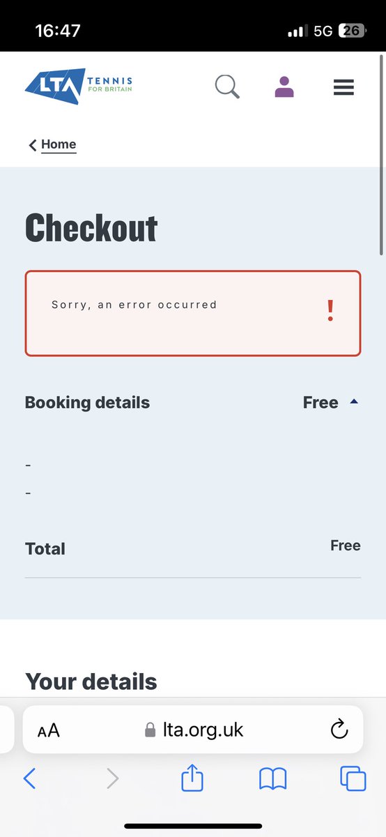 SamWilkinson1's tweet photo. @the_LTA hi, usually have no issues booking our local court but keep getting this error message now https://t.co/KLIdhCtStb