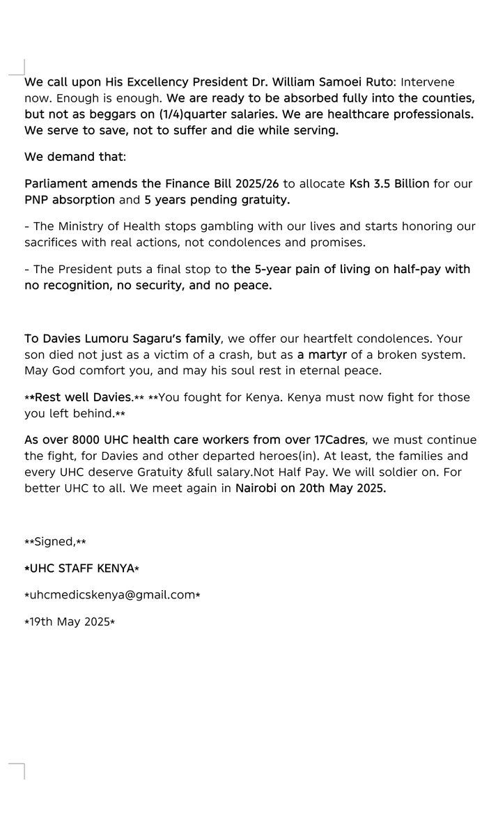 UHC HEALTH CARE WORKERS PRESS STATEMENT. 

For Immediate Release. 

cc

<a href="/HonAdenDuale/">Hon. Aden Duale, EGH</a> 
<a href="/fnoluga/">Dr. Ouma Oluga, OGW</a> 
<a href="/DrPatrickAmoth/">Dr. Patrick Amoth, EBS</a> 
<a href="/psmuthoni/">Mary Muthoni Muriuki, CBS, HSC</a> 

<a href="/GvnMandago/">Senator Jackson Mandago, EGH</a> 
<a href="/NyikalDr/">Dr. Nyikal</a> 

<a href="/WilliamsRuto/">William Samoei Ruto, PhD</a> 
<a href="/KindikiKithure/">Kithure Kindiki</a> 
<a href="/StateHouseKenya/">State House Kenya</a> 
<a href="/OleItumbi/">-Dennis Itumbi, CBS</a> 

<a href="/ptason/">Peterson Wachira HSC</a> 
<a href="/PanyakoSeth/">Hon Seth Panyako</a> 
<a href="/maroag7/">Gibore Maroah. General Secretary/C.E.O. KUCO</a> 

<a href="/knumlo_official/">Kenya National Union of Medical Laboratory Officer</a> 
<a href="/KNUNOFFICIAL/">KNUNM-The Voice of a Kenyan Nurse & Midwife</a>