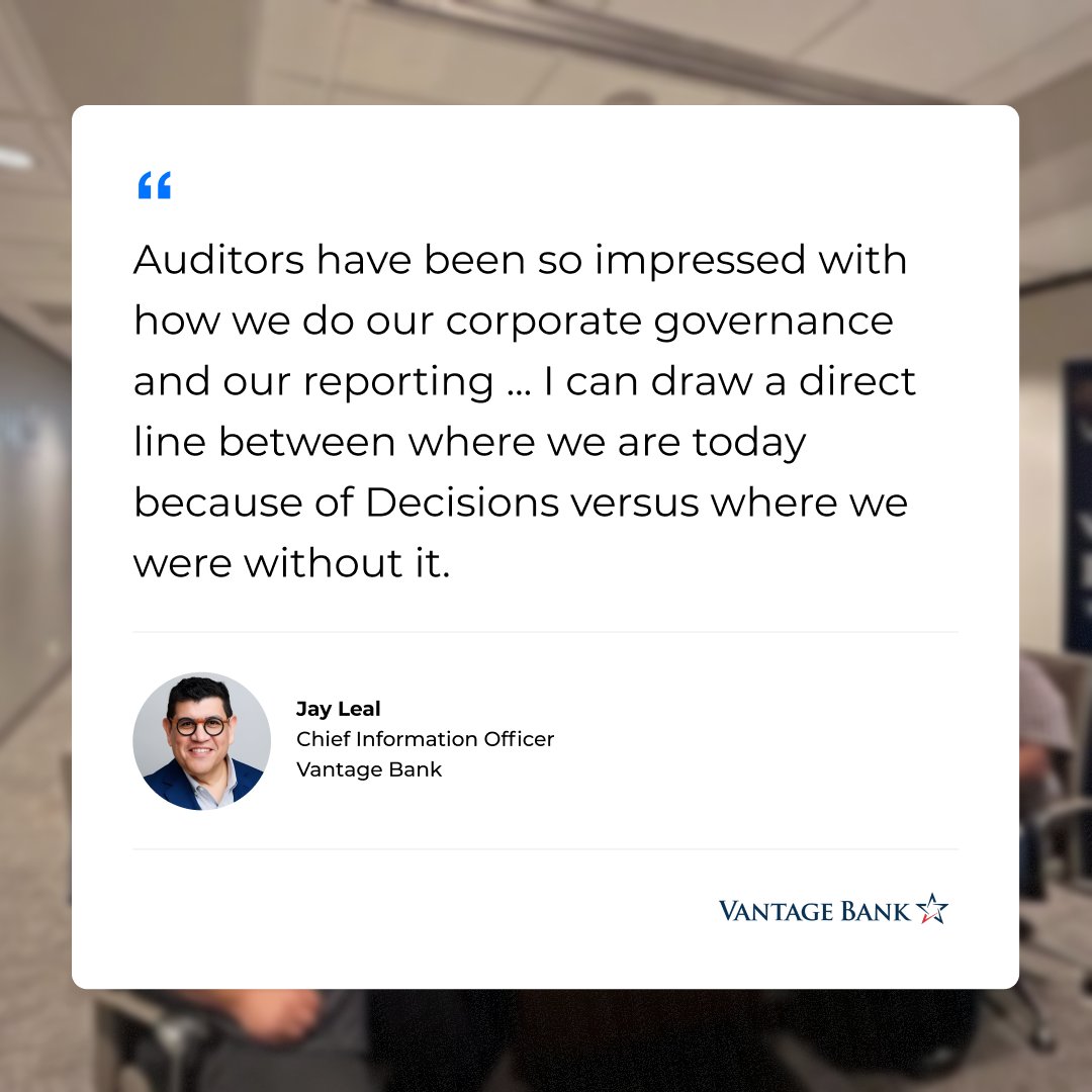 With Decisions, Vantage Bank hasn't just streamlined meetings – they've elevated their corporate governance.

Chief Information Officer Jay Leal shares what the $4.5B financial institution has achieved: hubs.ly/Q03mMZrr0

#MeetingProductivity #AIforMeetings #Microsoft365