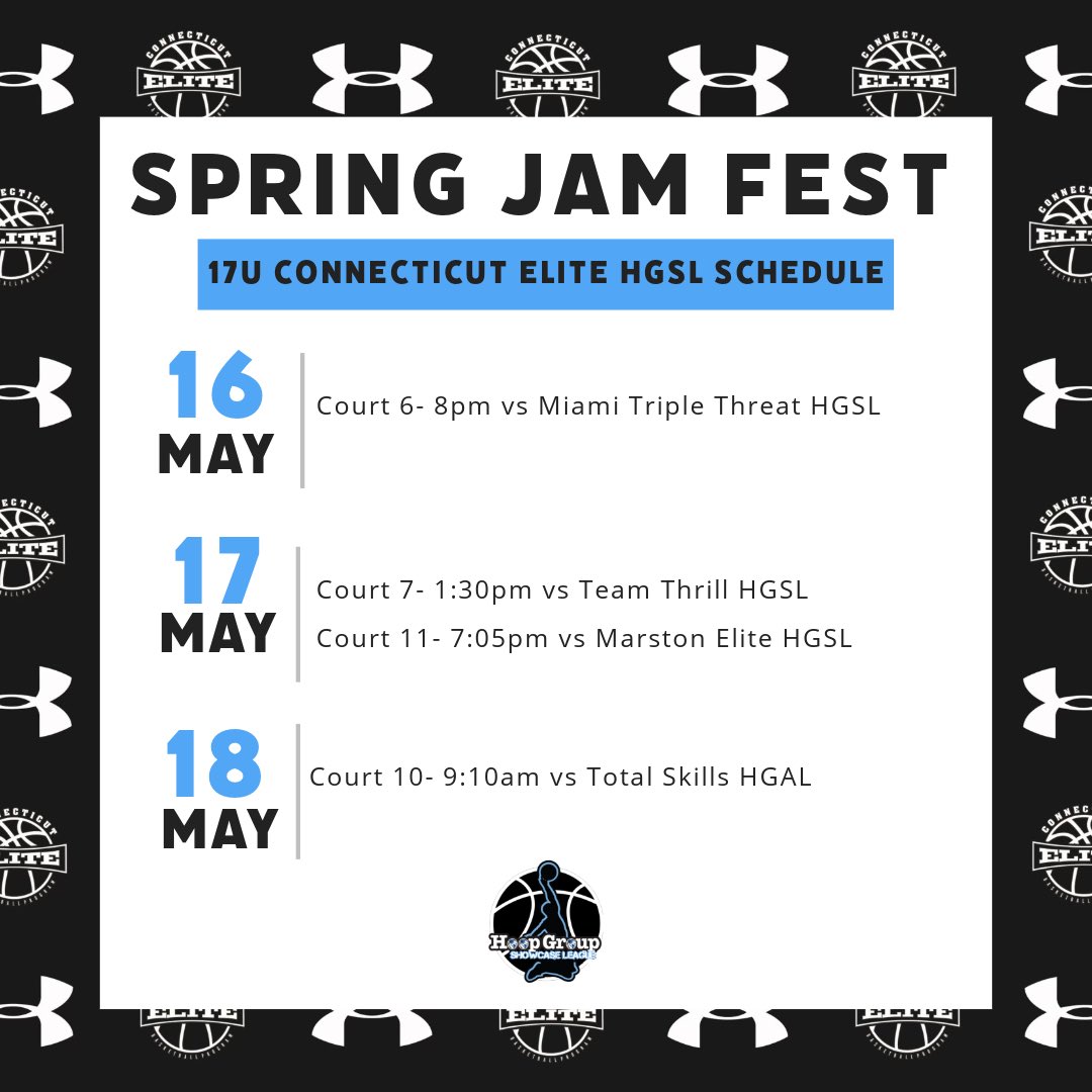 Coaches, heres my schedule for Hoop Group’s Spring Jam Fest. Excited for a big weekend!
<a href="/CT_Elite_BBall/">Connecticut Elite Basketball Program</a> <a href="/CoachJP00/">JP</a>