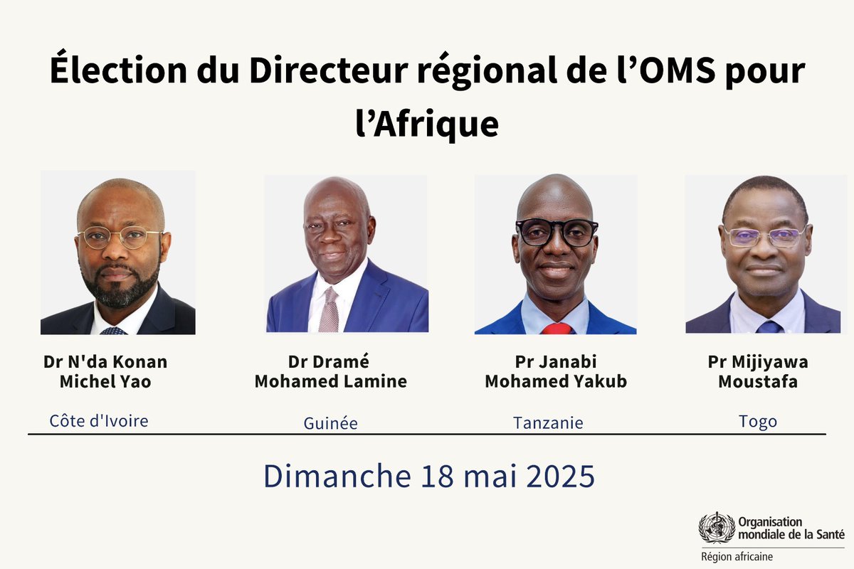 La deuxième session spéciale du Comité régional de l'OMS pour l'Afrique aura lieu le dimanche 18 mai 2025 à partir de 9 heures (heure de Genève).

Les États membres voteront pour élire le prochain Directeur régional pour l'Afrique.

📺Regarder la retransmission en direct :