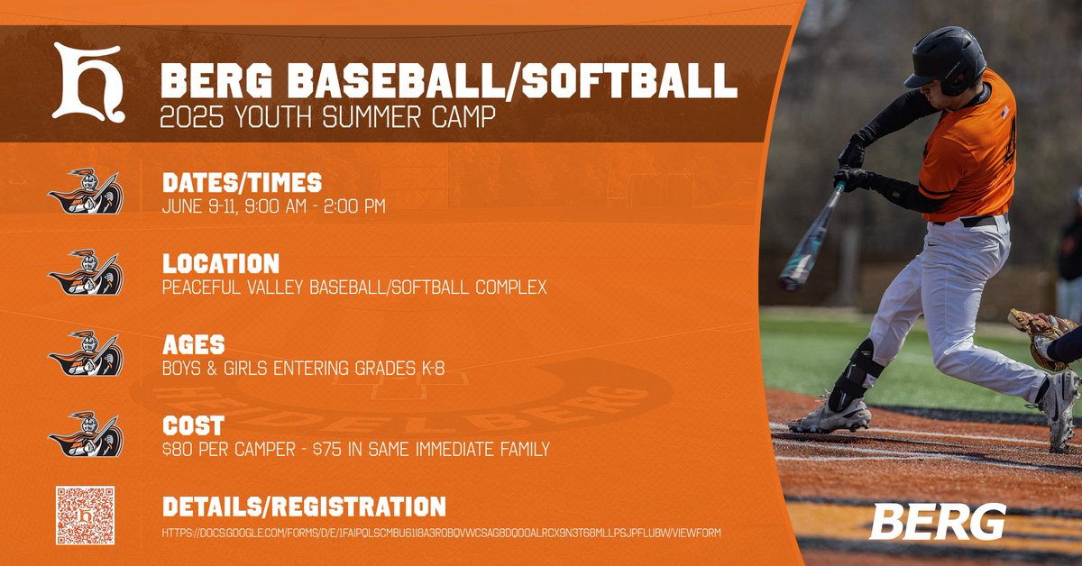 Heidelberg Baseball (@bergbaseball) on Twitter photo Registration is open for the June 9-11 <a href="/BergBaseball/">Heidelberg Baseball</a> & <a href="/HUsoftball/">Heidelberg Softball</a> Summer Camp. Camp is for boys/girls entering grades K-8, and is held in Peaceful Valley. '24 saw over 100 campers attend, and '25 is going to be just as fun! For more info or to register:
forms.gle/TsWGCAVaYDeyTF… Registration is open for the June 9-11 <a href="/BergBaseball/">Heidelberg Baseball</a> & <a href="/HUsoftball/">Heidelberg Softball</a> Summer Camp. Camp is for boys/girls entering grades K-8, and is held in Peaceful Valley. '24 saw over 100 campers attend, and '25 is going to be just as fun! For more info or to register:
forms.gle/TsWGCAVaYDeyTF…