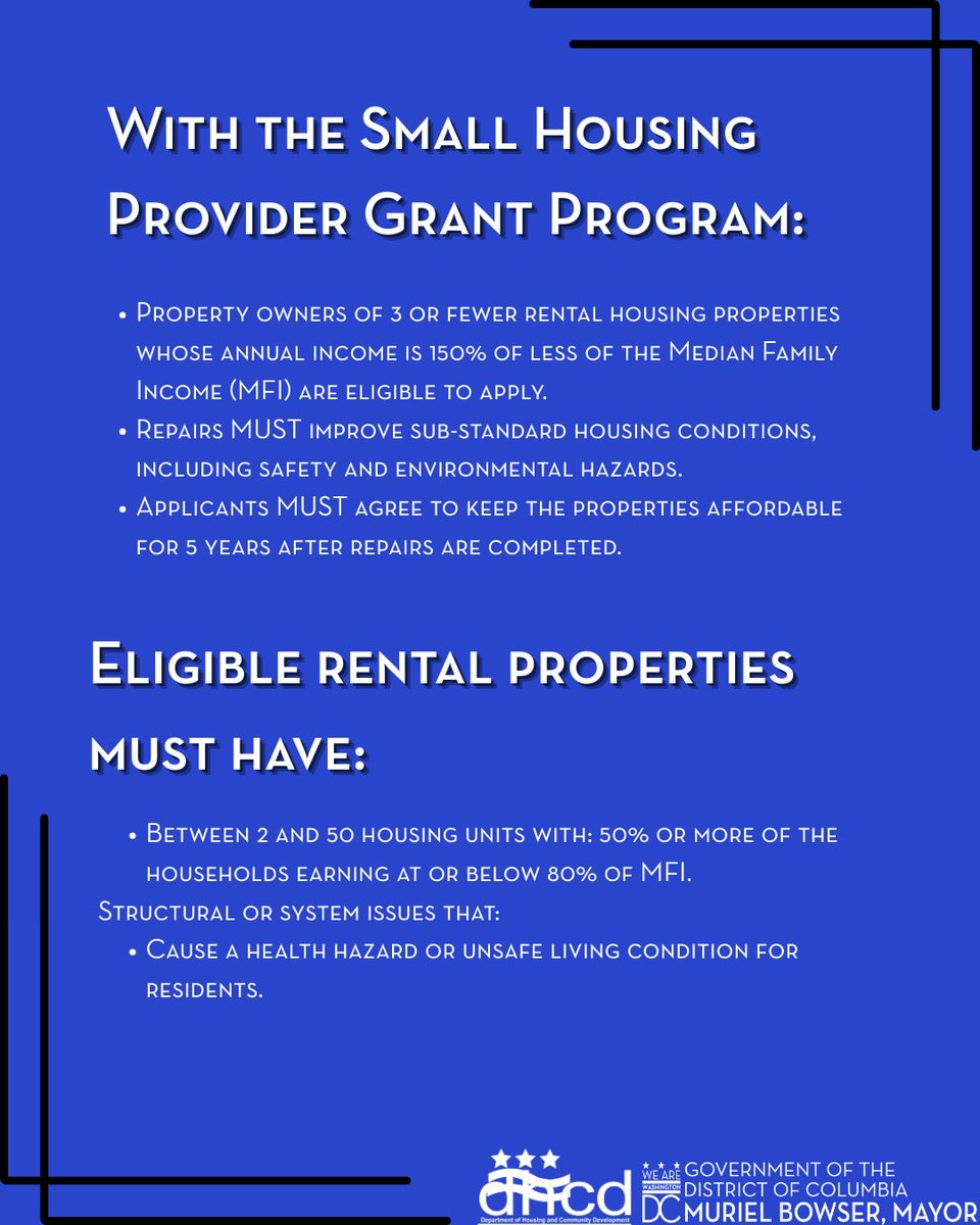DCDHCD's tweet photo. DHCD will be starting a series of resource guides on the many programs we have to offer starting with the Small Housing Provider Grant Program(SHPG)! This program grants pay to replace building systems and make necessary repairs for multi-family rental housing. #DHCDAtWork https://t.co/FhdmgUXvgD