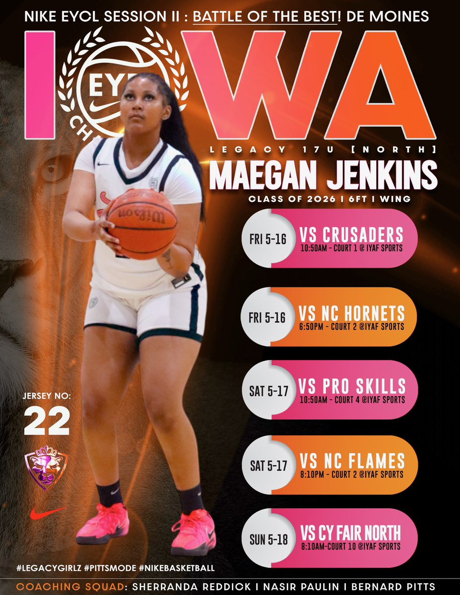 Maegan Symone Jenkins #22 (@maegan_symone22) on Twitter photo Coaches ,
Come check out me and my team, <a href="/LegacyNike17u/">Legacy Nike EYCL 17u</a> North, in Iowa for our 2nd <a href="/nikegirlseycl/">Nike Girls EYBL Champions League</a> session this weekend. See my schedule below 👇🏾
<a href="/TEAMLEGACYGIRLZ/">LEGACY GIRLZ</a>, <a href="/pitts_academy/">COACH PITTS</a>, @uniongrovewbb, <a href="/CorinneW34/">CorinneW34</a>, @pro_movement1, <a href="/Jarrett_PRO/">Jarrett Christian</a>, @WBBgems, <a href="/PGH_Georgia/">Prep Girls Hoops Georgia</a> , Coaches ,
Come check out me and my team, <a href="/LegacyNike17u/">Legacy Nike EYCL 17u</a> North, in Iowa for our 2nd <a href="/nikegirlseycl/">Nike Girls EYBL Champions League</a> session this weekend. See my schedule below 👇🏾
<a href="/TEAMLEGACYGIRLZ/">LEGACY GIRLZ</a>, <a href="/pitts_academy/">COACH PITTS</a>, @uniongrovewbb, <a href="/CorinneW34/">CorinneW34</a>, @pro_movement1, <a href="/Jarrett_PRO/">Jarrett Christian</a>, @WBBgems, <a href="/PGH_Georgia/">Prep Girls Hoops Georgia</a> ,