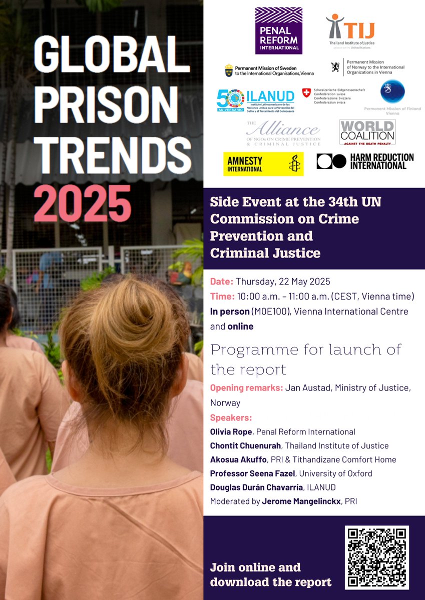 📢PRI will launch Global Prison Trends 2025 flagship report co-published with <a href="/TIJthailand/">TIJ Thailand</a> at the #CCPCJ34.

📅 22 May | 10:00–11:00 (CEST)
📍 Vienna Int. Centre, Room M0E100
💻 Join in person or online

🔗penalreform.org/news/pri-at-th…

#PrisonReform #HumanRights #GlobalPrisonTrends
