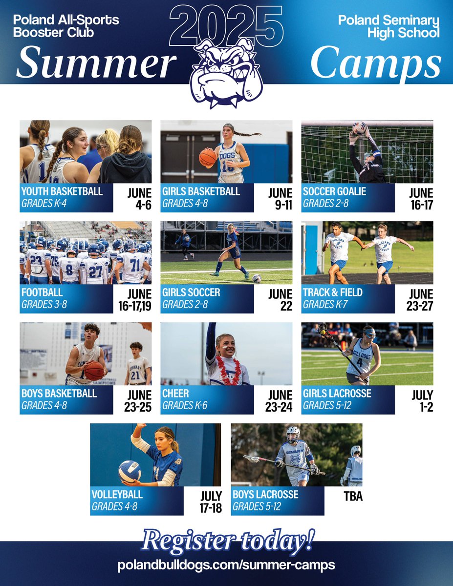 SUMMER CAMPS! Poland's athletes and coaches are excited to work with your kiddos! All camps are hosted by PSHS coaches and their staff members. Join the Bulldogs at camps in Basketball, Soccer, Lacrosse, Volleyball, Track and Field, &amp; Football. Register @ polandbulldogs.com/summer-camps