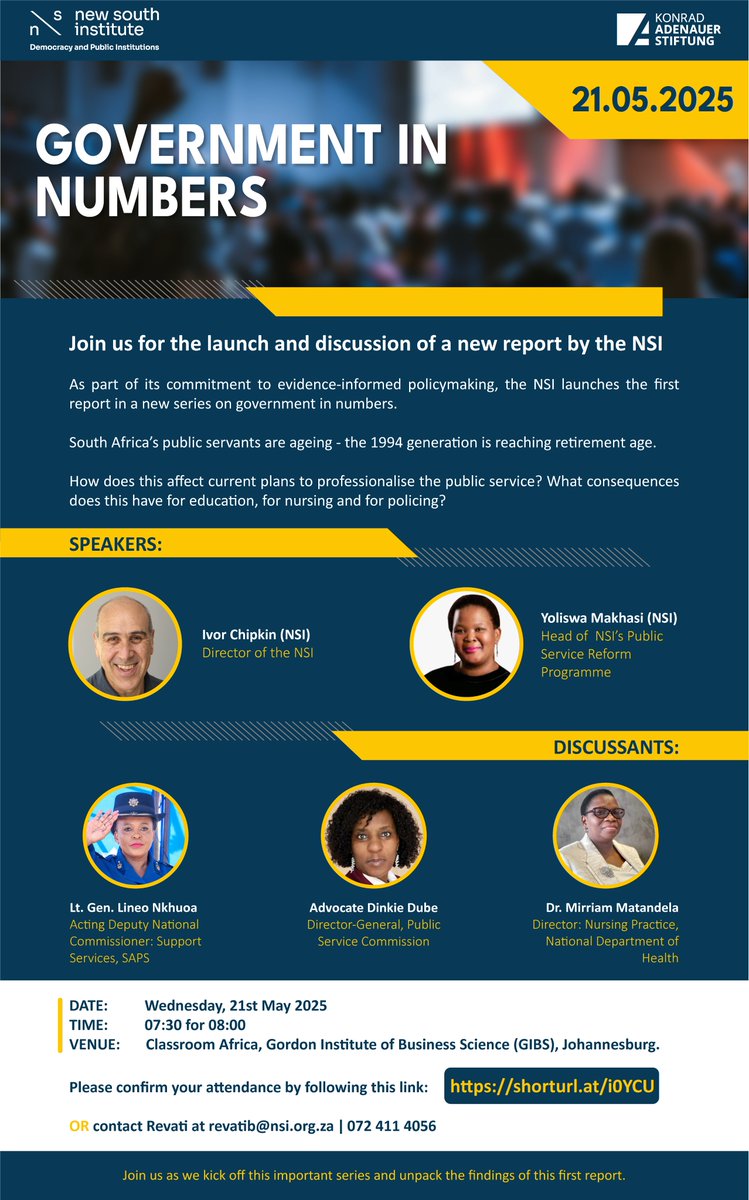 Join us for the launch and discussion of a new report by the NSI on Wednesday, 21 May 2025. South Africa’s public servants are ageing, the 1994 generation is approaching retirement. How will this shift affect efforts to professionalise the public service? 
shorturl.at/BxBjo