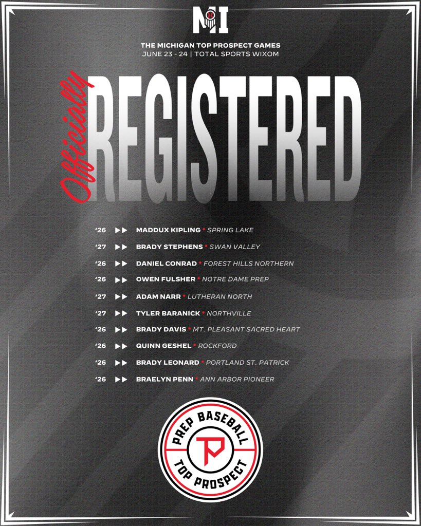 𝐌𝐢𝐜𝐡𝐢𝐠𝐚𝐧 𝐓𝐨𝐩 𝐏𝐫𝐨𝐬𝐩𝐞𝐜𝐭 𝐆𝐚𝐦𝐞𝐬

Invites Accepted ✅

🗓️ June 23-24
📍 Total Sports Wixom
👥 2026 &amp; 2027 Grads

Request an invite 👉 loom.ly/d3BskIM

Welcome to the following players ⬇️