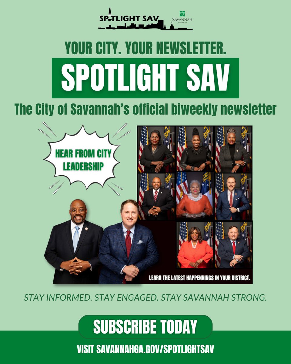 📢 Spotlight SAV is live!

The City’s official newsletter drops its next issue TOMORROW—featuring city updates, events &amp; messages from leadership.

🔗 Subscribe now: savannahga.gov/spotlightsav

#SpotlightSAV #SavannahGA #CityNews #SavannahStrong