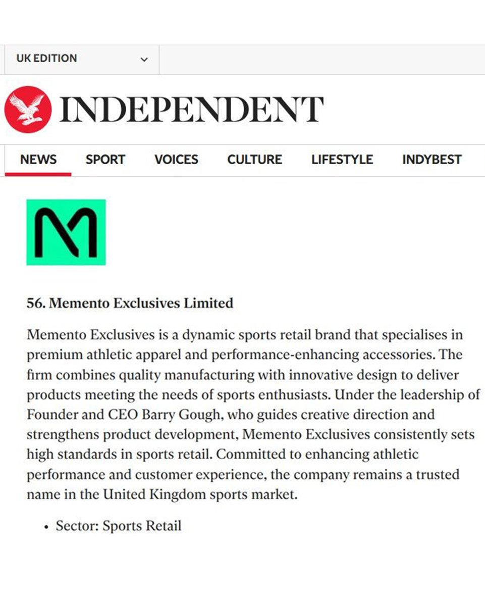 The Independent has published the E2E Top 100 UK Businesses list and we’re delighted that Memento Exclusives has been recognised.

Our business model and strategy has allowed us to lead the way in the memorabilia industry and it is a testament to the team’s ambition.