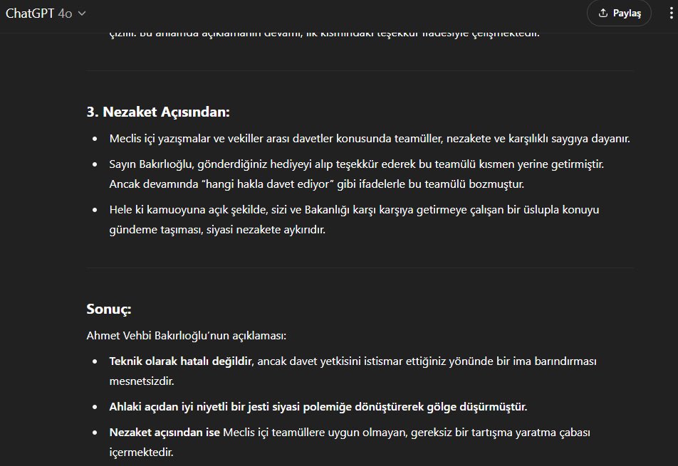 Sayın Ahmet  Vehbi Bakırlıoğlu‘nun Kültür Yolu Festivali için yaptığım daveti konu alan sosyal medya paylaşımını üzülerek gördüm. 

Bu paylaşımdaki ifadeleri objektif bir göz olması bakımından kapasitesi henüz insan zekasının yanından bile geçemeyecek yapay zekaya sordum ve
