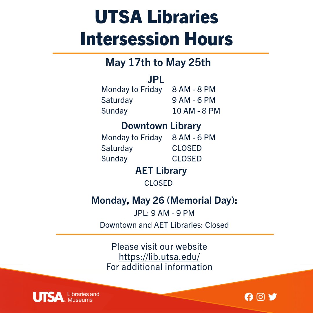 UTSA Libraries Intersession Hours are live for May 17–25! 📷 Hours vary by location, so check before you visit.
Hey, summer students:
Need a laptop for the semester?
Our Summer Laptop Request Queue is now open! lib.utsa.edu/services/techn…
#UTSALibraries #UTSAStudents #RoadrunnerReady