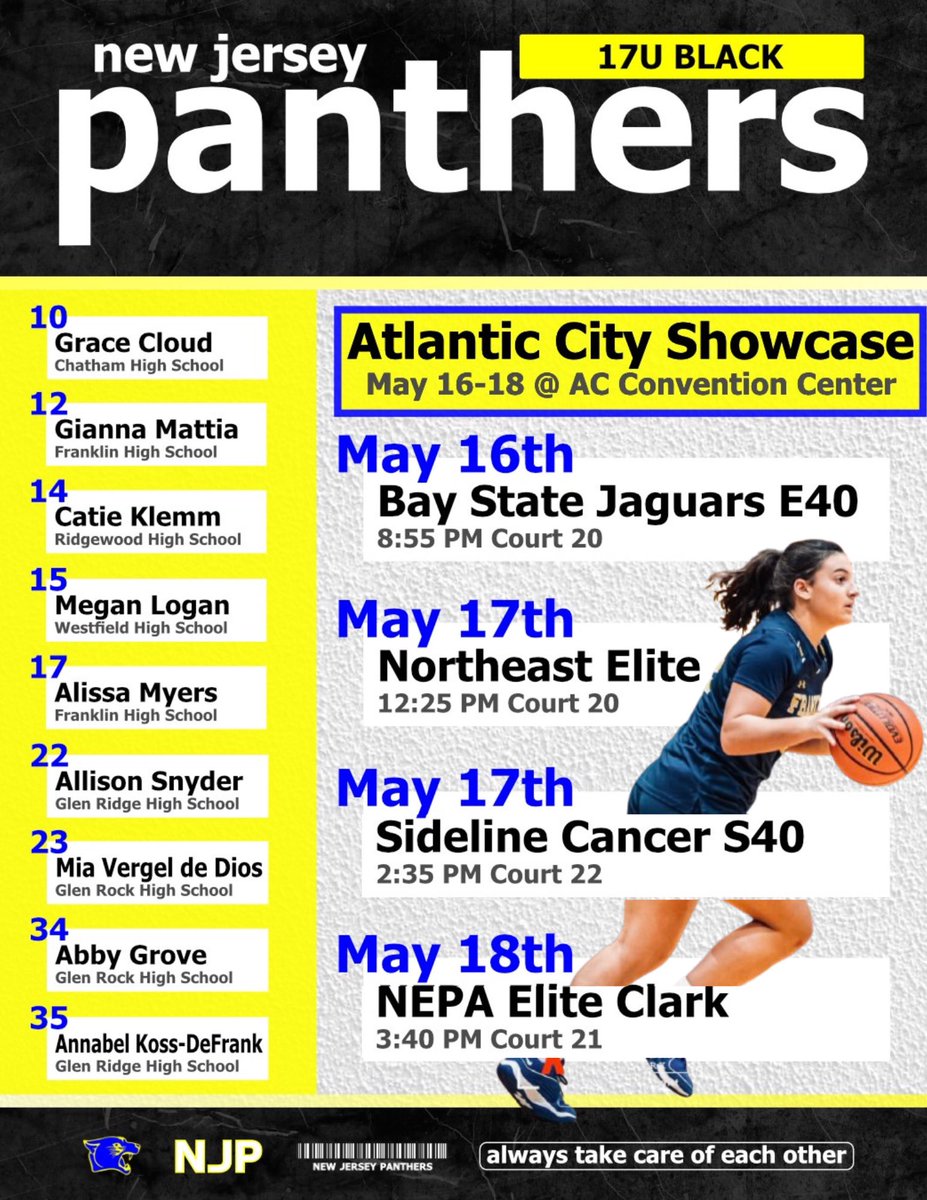 It’s that time again!! Coaches, please come check out me, #12, and my <a href="/nj_panthers/">NJ Panthers</a> 17U Black squad this weekend at the Atlantic City Showcase! You won’t be disappointed 💙💛 Schedule below ⬇️ See you there ‼️

<a href="/CoachJordanNJP/">Jordan Stites</a> <a href="/CoachZ_NJP/">Zakiya Beckles MAT, LAT, ATC</a> <a href="/NJLadiesHoops/">NJ Ladies Hoops</a> <a href="/PGHNewJersey/">Prep Girls Hoops New Jersey</a> <a href="/hgsl_girls/">Hoop Group Girls</a>