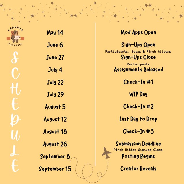 Here is this year exchange schedule!

Our Mod Apps opened yesterday so take your chance and join us behind the scene!

Get them in by May 21: forms.gle/nNA4Ss55Wwrrum…

You can check out our carrd in our bio for any FAQs you may have !! 🧸⚡️