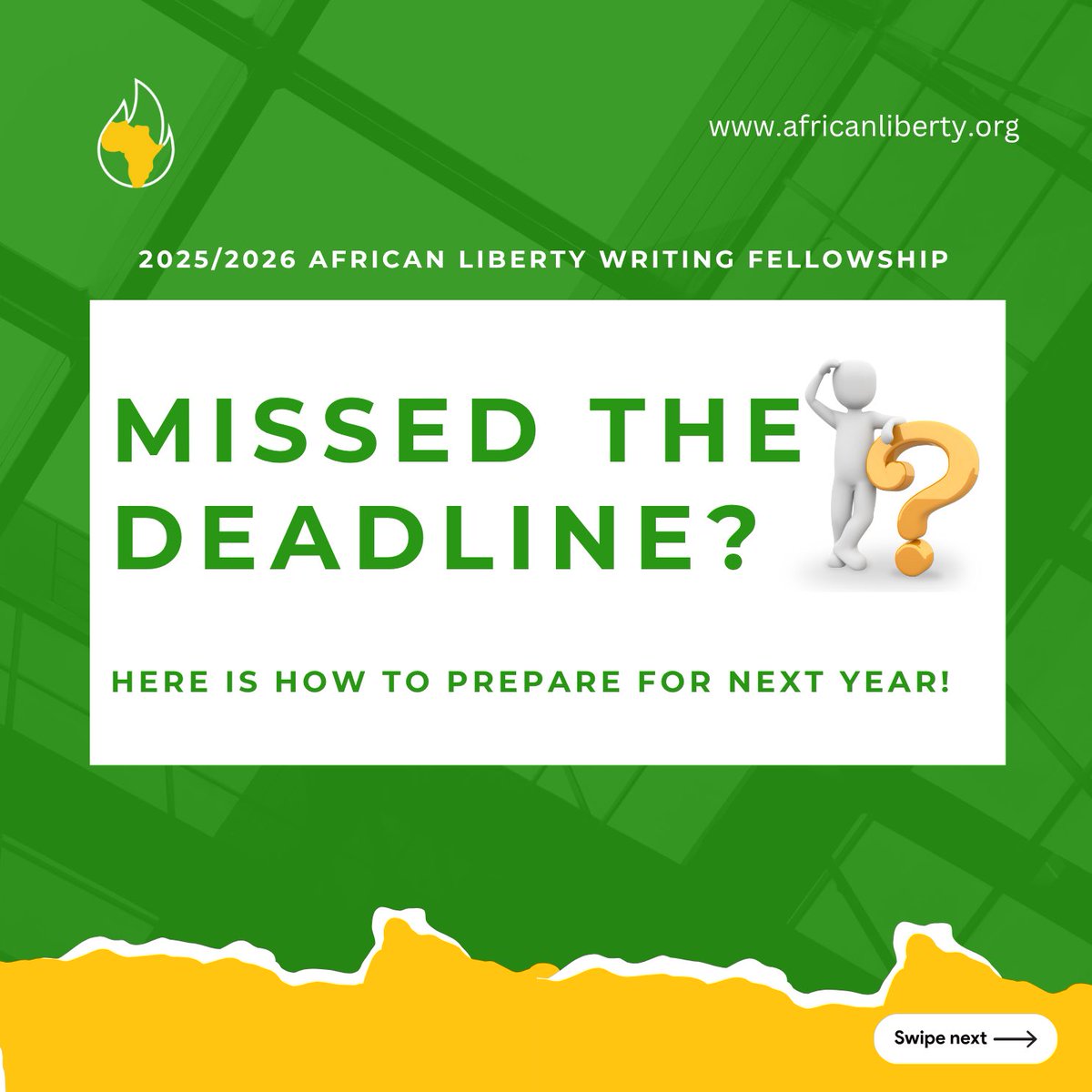 AfricanLiberty's tweet photo. The African Liberty Writing Fellowship 2025/2026 applications are now closed, but that doesn’t mean your journey ends here! Start preparing for the next opportunity.
📢 The next cycle is coming! Don’t miss out—start preparing today.
#AfricanLiberty #WritingFellowship https://t.co/FaOsGn44fK