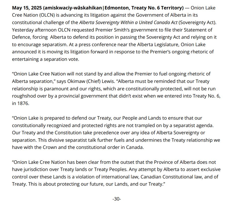 Onion Lake Cree Nation advances constitutional challenge against Alberta government and its Sovereignty Act in response to ongoing separation talk.