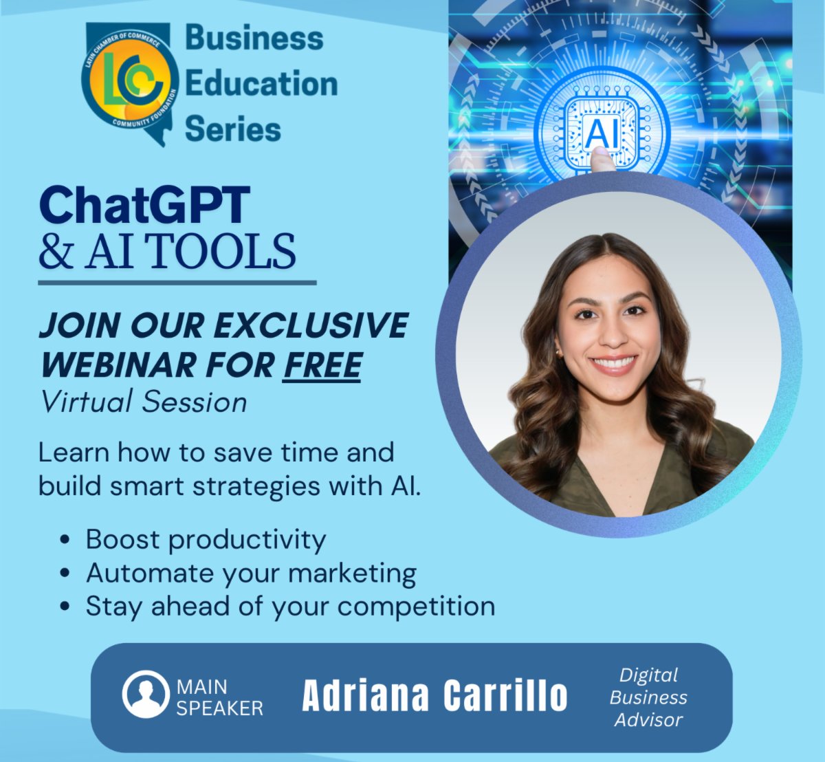 Want to use AI like a pro? Join our FREE webinar on ChatGPT &amp; AI tools to boost your business!

📅 May 22, 2025
🕕 6:00 PM – 7:00 PM PT
🔗 docs.google.com/forms/d/e/1FAI…

#LVLCC #AIForBusiness #ChatGPTTools #LatinBusiness🔗
