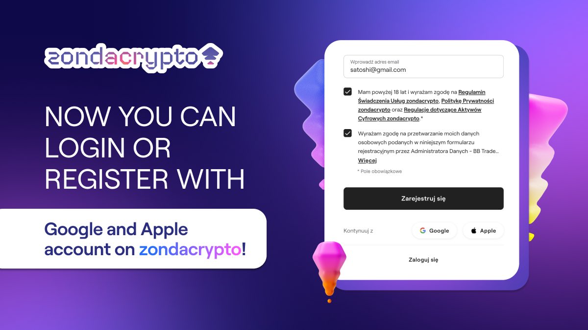 Making crypto simpler, one step at a time. ✨

You can now log in or register on zondacrypto using your Google or Apple account!
It’s fast, secure and available now on the web app coming soon to mobile! 🔒

Already have an account?
You can easily link your Google or Apple account