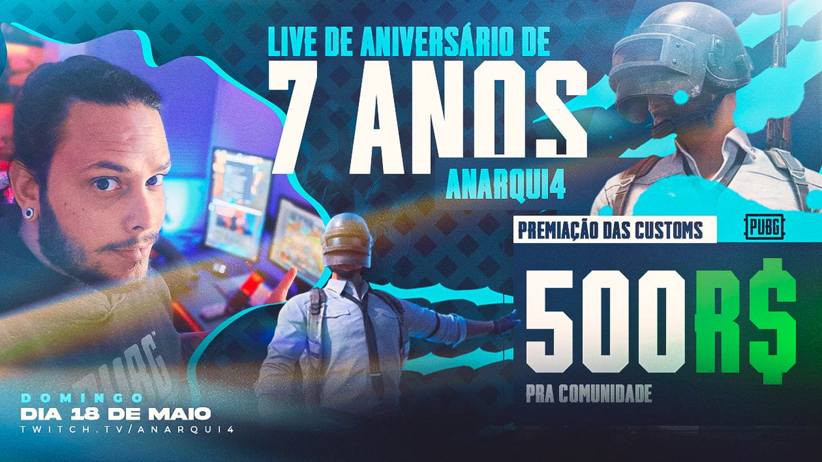 🚨 COMEMORAÇÃO DE 7 ANOS DE LIVE! 🚨
Dia 18/05 tem EVENTO insano:
🔥 Partidas personalizadas de PUBG
💸 R$500 em premiação!
📺 twitch.tv/anarqui4
FI DE RAPARIGA, TÁ PEIDJADO DEMAIS!
#PUBG #TwitchBR #7AnosDeLive