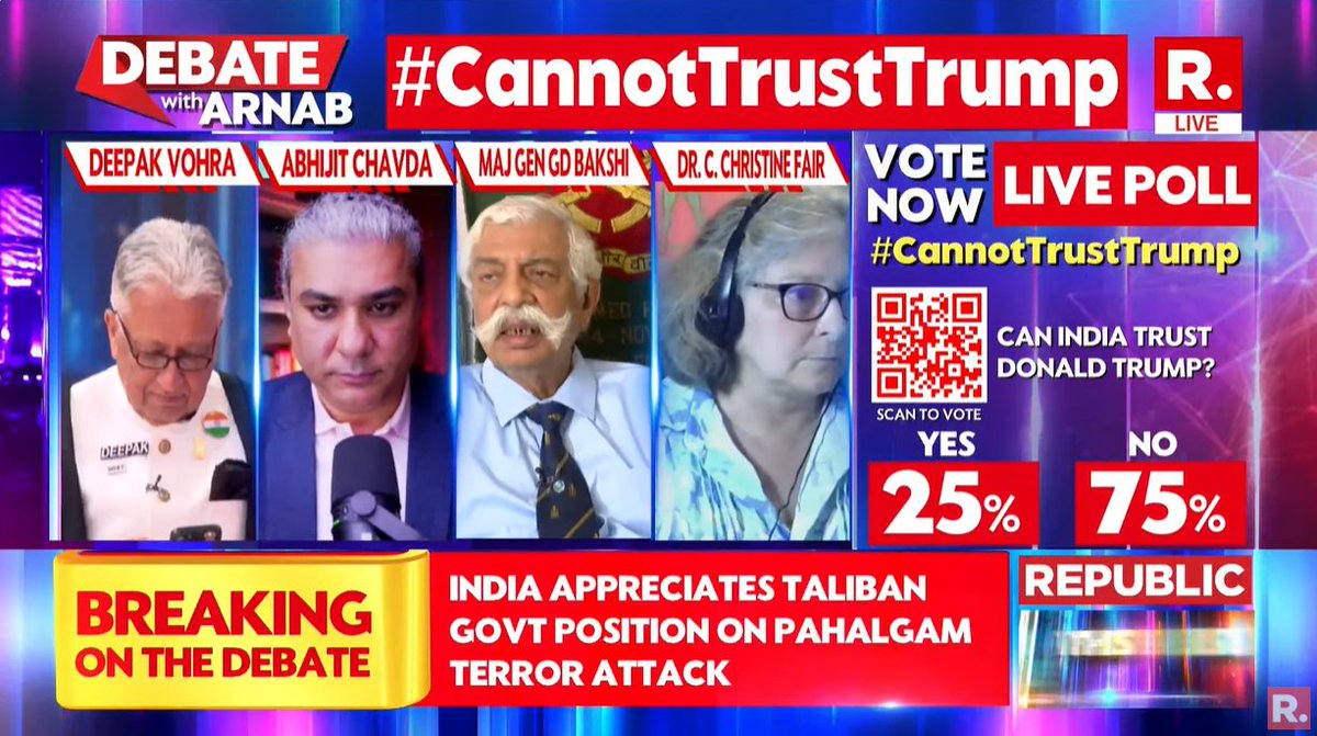 republic's tweet photo. #CannotTrustTrump | When Joe Biden was shown the door by the American people, it came as a sigh of relief for India. We had great hopes for Trump—he had Kash Patel, he had Tulsi Gabbard, but...: Major General GD Bakshi (@GeneralBakshi) Defence Expert
On the Nation's Sharpest Opinion, Arnab fires straight facts and pincer questions, answers of which #TheNationWantsToKnow . Tune in and fire in your views- https://t.co/vVmgplTZRO
#IndiaUSPakistan #IndiaPakistan #Trump #DonaldTrump #TrumpUTurn #UTurn #US #IndiaUS