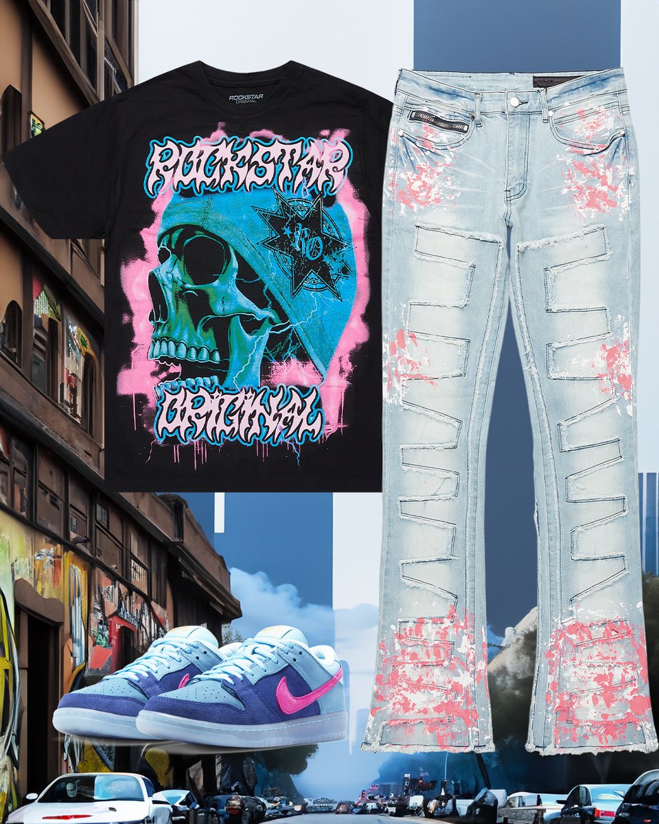 Graphic tee and stacked pants and jeans combos goin crazy w/ the Olive White Fazos, Jordan 12 Twist, and Run The Jewel SB Nike Dunks 👟
Get fly. and stay dripped out with the best deals in streetwear clothing rn 💰️