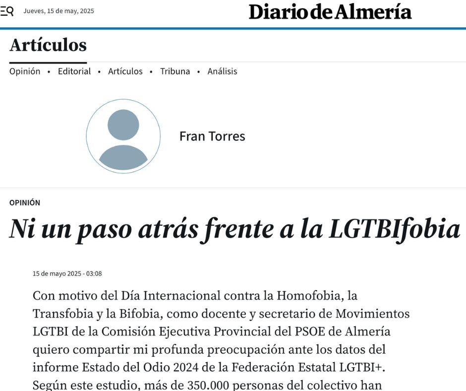🏳️‍🌈 En el Día contra la LGTBIfobia, recordamos: +350.000 personas LGTBI han sufrido agresiones en 5 años en España.
📢 No permitamos retrocesos. Defender sus derechos es defender la democracia.
✊🏼 Ni un paso atrás.
🗞️ Artículo de Fran Torres 👉🏼bit.ly/3EUHWoH