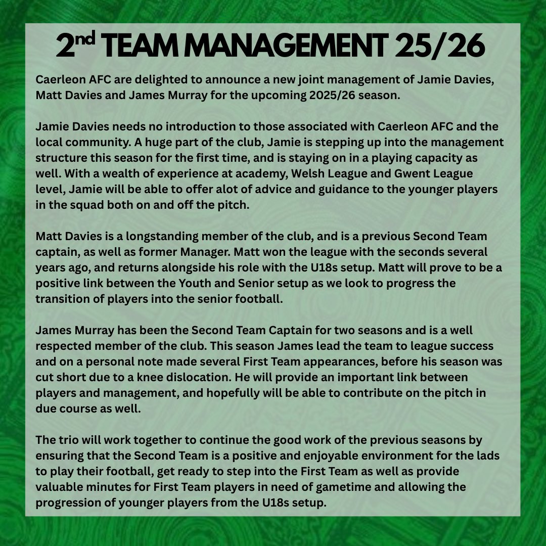 📣 2ND TEAM MANAGEMENT 📣 

Following on from yesterday’s confirmation of the 1st team management for the 2025/26 season, we are now delighted to announce a 2nds joint management team of Jamie Davies, Matt Davies &amp; James Murray!

All the best lads 💚⚽️

#UTR💚🖤