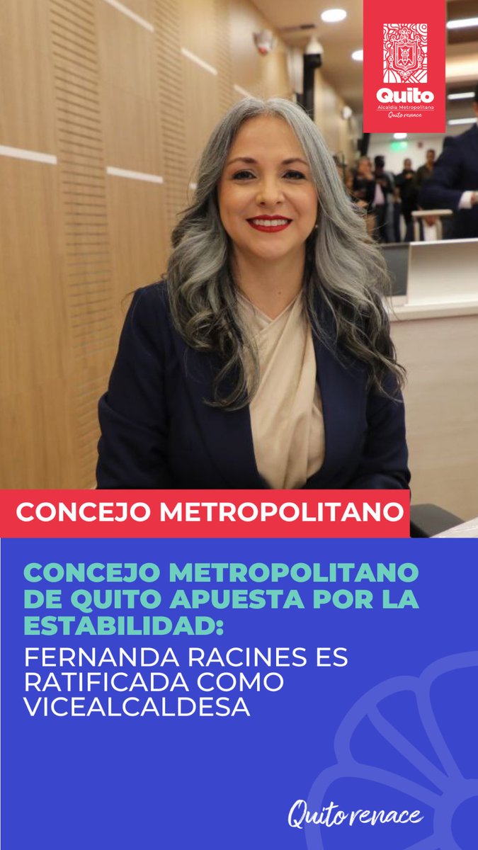 InvestigaUIO's tweet photo. ➡️| El Concejo Metropolitano ratificó a María Fernanda Racines como vicealcaldesa de Quito, con lo que se consolida la continuidad del plan de trabajo del alcalde Pabel Muñoz (@pabelml) para la segunda mitad de su periodo, hasta el año 2027. https://t.co/YpLgdECL2R https://t.co/gSDodk2SxL