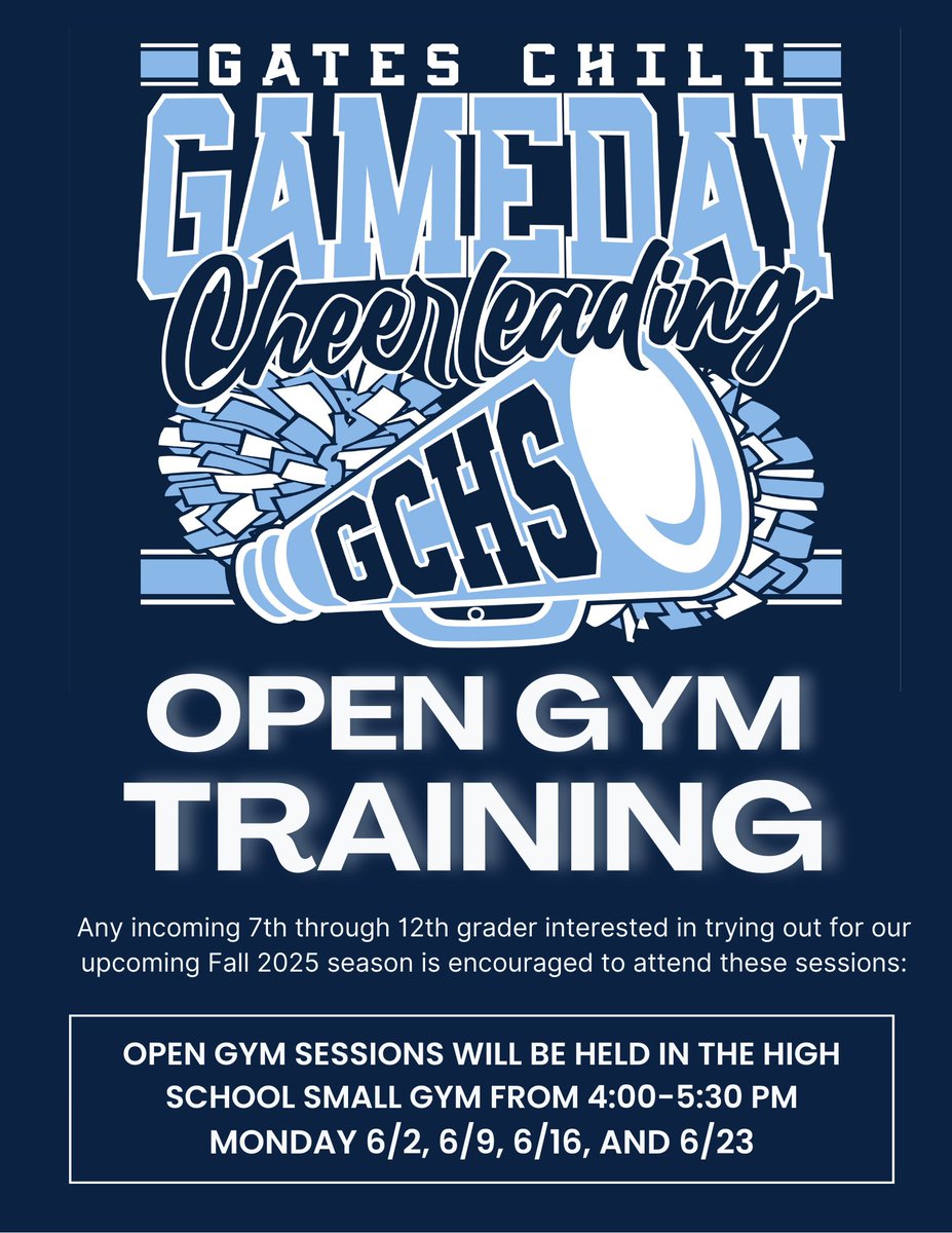 OPEN GYM SESSION INFO! We hope to see all incoming 7th through 12th graders 💙🩶 #GCPride <a href="/GatesChiliInfo/">Gates Chili CSD</a>