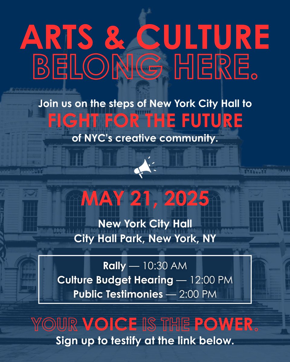 On May 21st, arts &amp; culture workers will gather on the steps of City Hall to demand an additional one-time $30M from City Council and the Adams Administration for the FY26 budget. A.R.T./New York will be there &amp; we hope to see you there too! 

on.nyc.gov/4dbtNQo