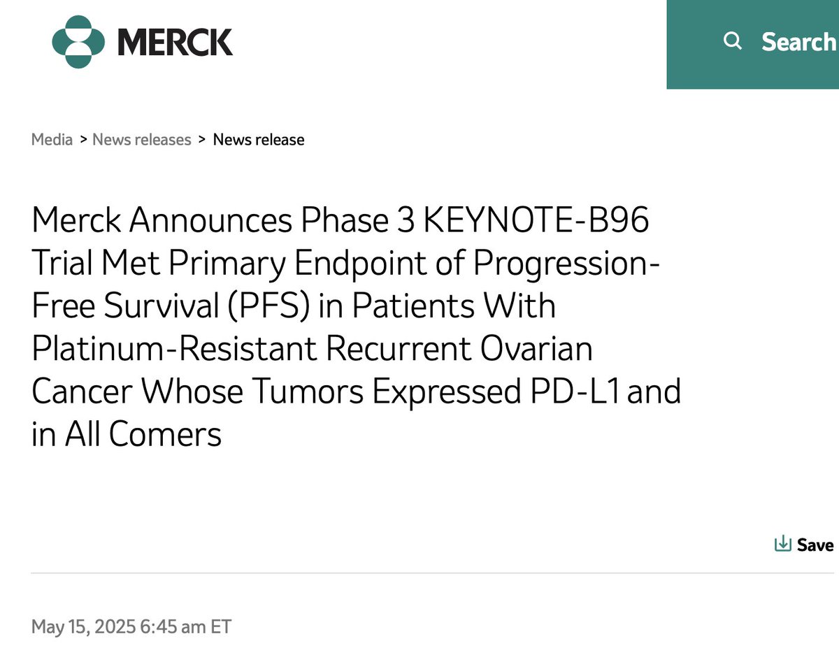 NEWS FROM INDUSTRY: SOURCE MERCK
 KEYNOTE-B96 Update #OvarianCancer

The Phase 3 KEYNOTE-B96 (ENGOT-ov65) trial demonstrated that pembrolizumab combined with chemotherapy (paclitaxel), with or without bevacizumab, significantly improved progression-free survival (PFS) in patients