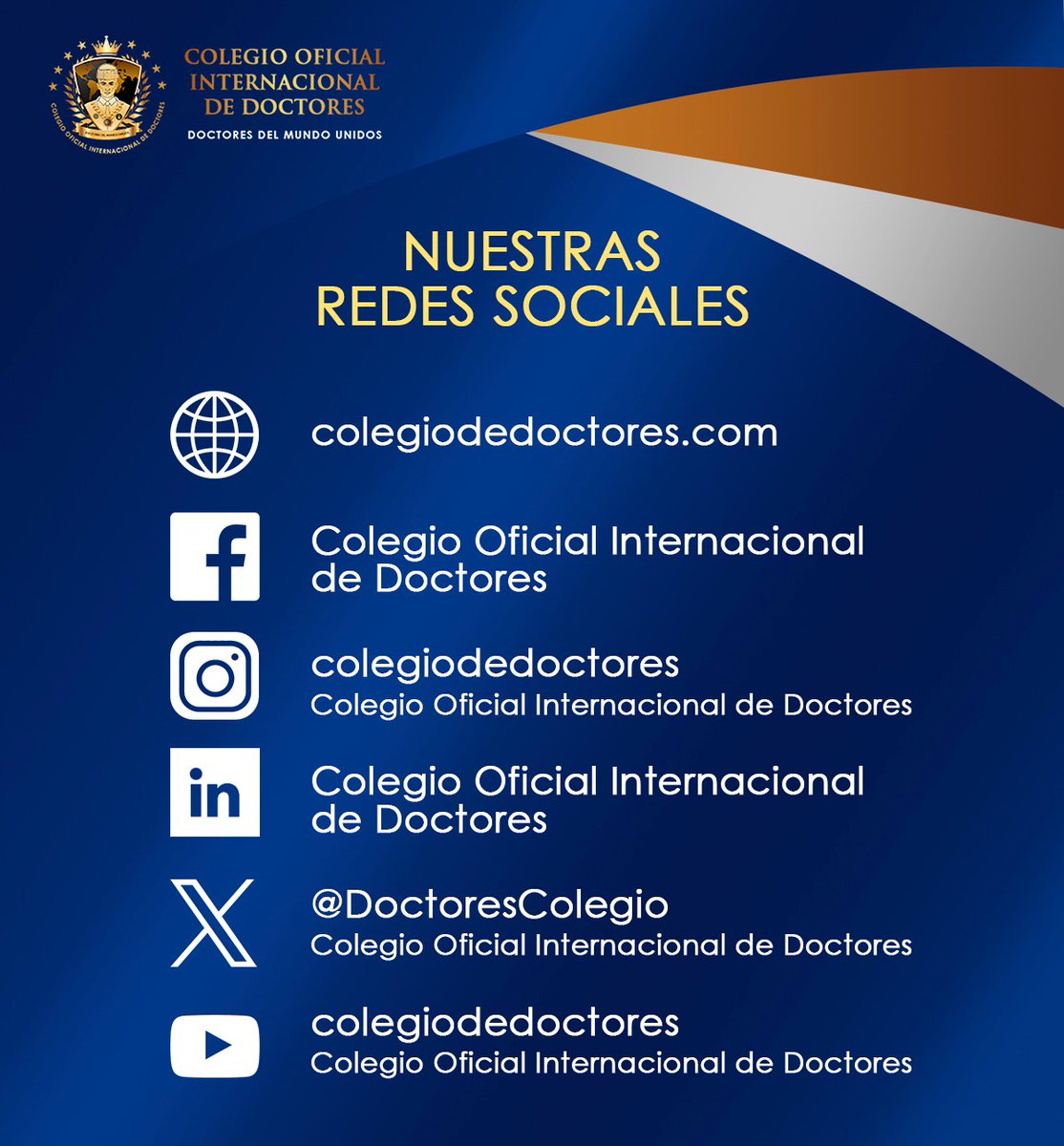 Puedes visitarnos en cualquiera de nuestras redes sociales:

Sitio web: colegiodedoctores.com
Fan page: facebook.com/ColegioOficial…
Instagram: instagram.com/colegiodedocto…
LinkedIn: linkedin.com/.../colegio-of…...
X: x.com/DoctoresColegio
YouTube: youtube.com/@colegiodedoct…