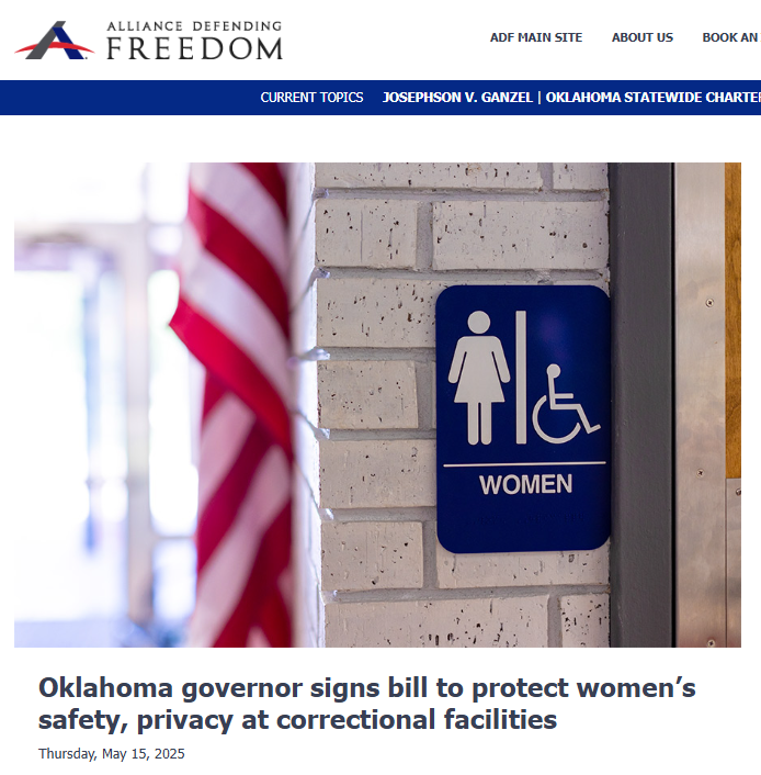 Alliance Defending Freedom (@adflegal) on Twitter photo 🚨 Oklahoma just took a stand for women’s privacy and safety.
<a href="/GovStitt/">Governor Kevin Stitt</a> signed SB 418—prohibiting male inmates from entering women’s restrooms, changing rooms, and sleeping quarters in correctional facilities.
ADF’s Sara Beth Nolan: “No woman should be forced to surrender her 🚨 Oklahoma just took a stand for women’s privacy and safety.
<a href="/GovStitt/">Governor Kevin Stitt</a> signed SB 418—prohibiting male inmates from entering women’s restrooms, changing rooms, and sleeping quarters in correctional facilities.
ADF’s Sara Beth Nolan: “No woman should be forced to surrender her