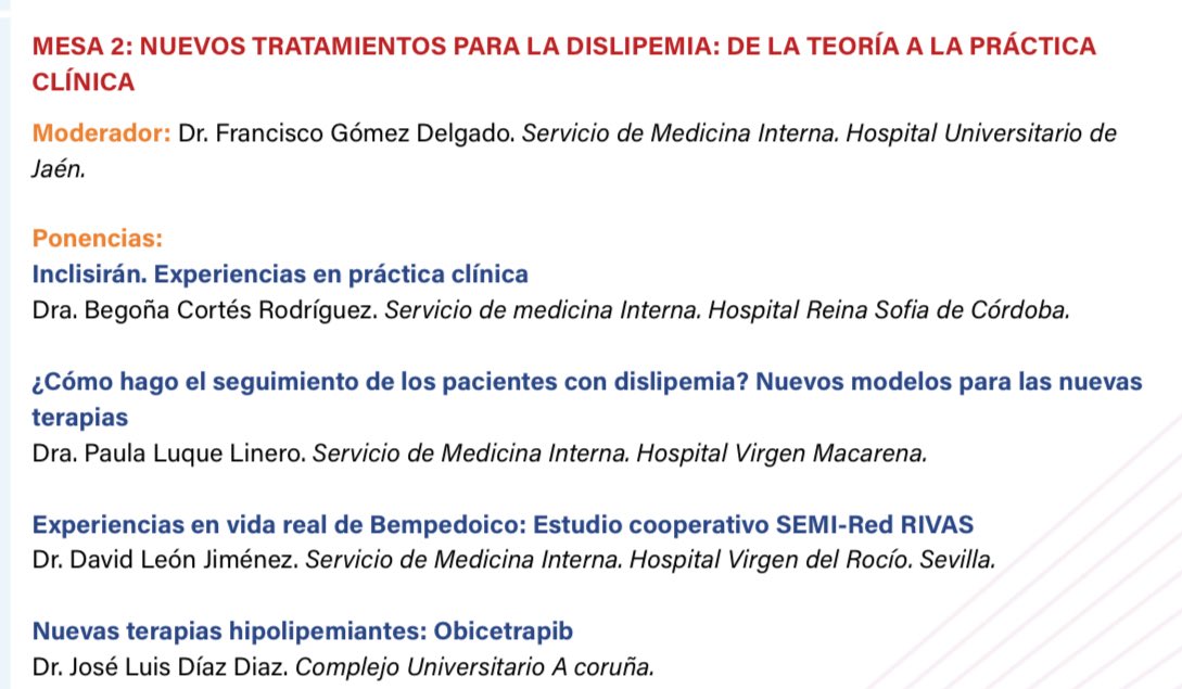 Cristobal Morales (@cristobmorales) on Twitter photo NUEVOS TRATAMIENTOS PARA LA DISLIPEMIA. Dr. Francisco Gómez Delgado. #21RV_SEMI <a href="/gt_rcv/">GT Riesgo Vascular SEMI</a> <a href="/Sociedad_SEMI/">Sociedad Española de Medicina Interna (SEMI)</a>
1️⃣Inclisirán. Experiencias en práctica clínica. Dra. Begoña Cortés
2️⃣Nuevos modelos para las nuevas
terapias. Dra. Paula Luque <a href="/HUVMacarena/">Hospital Virgen Macarena</a>
3️⃣Experiencias en vida real de NUEVOS TRATAMIENTOS PARA LA DISLIPEMIA. Dr. Francisco Gómez Delgado. #21RV_SEMI <a href="/gt_rcv/">GT Riesgo Vascular SEMI</a> <a href="/Sociedad_SEMI/">Sociedad Española de Medicina Interna (SEMI)</a>
1️⃣Inclisirán. Experiencias en práctica clínica. Dra. Begoña Cortés
2️⃣Nuevos modelos para las nuevas
terapias. Dra. Paula Luque <a href="/HUVMacarena/">Hospital Virgen Macarena</a>
3️⃣Experiencias en vida real de