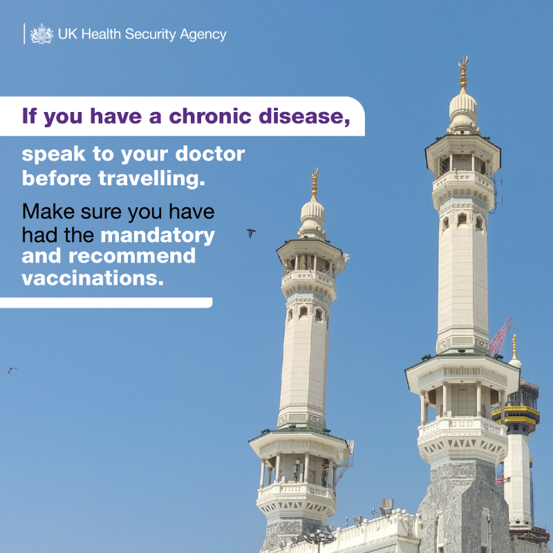 UKHSA's tweet photo. If you are travelling to Saudi Arabia for #Hajj or #Umrah, check the latest advice on the  Travel Health Pro website well in advance 🕋