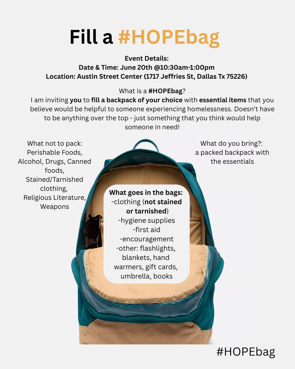 Join us on June 20th from 10:30 AM to 1:00 PM for a “Fill a Bag” event!

Bring a backpack of your choice and fill it with items you believe would be helpful to someone experiencing homelessness - you are welcome to just drop it off. We’ll be distributing these bags with care!