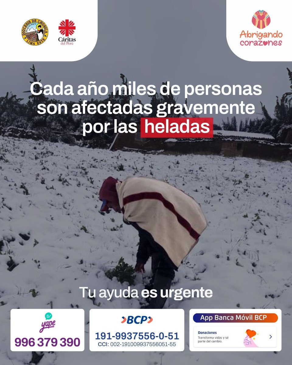 La Diócesis de Chosica con el apoyo de <a href="/CaritasdelPeru/">Cáritas del Perú</a> lanzan la campaña “Abrigando corazones” para brindar ayuda humanitaria a las  familias afectadas por las heladas y el friaje.
👉goo.su/z4k7dk