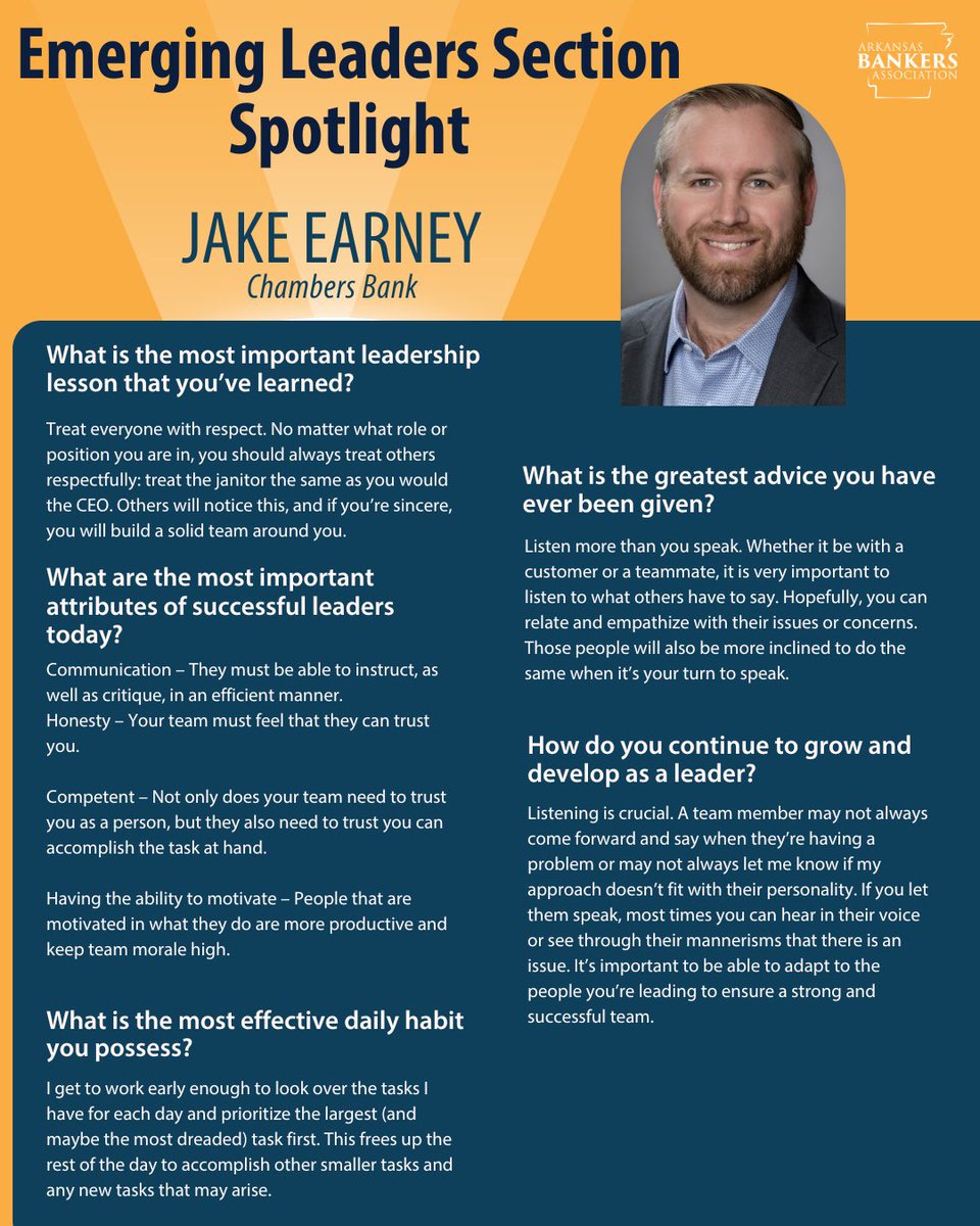 This week’s #ELSspotlight is Jake Earney, Vice President, Loan Officer at Chambers Bank in Fayetteville, AR. He is responsible for producing new commercial loans and managing the existing portfolio.

Read his full spotlight!🌟