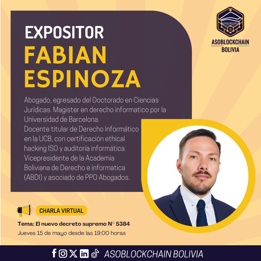 asoblockchainbo's tweet image. 📢 Este jueves 15/05 a las 19:00 hablaremos sobre el DS N° 5384 y su impacto en blockchain y activos digitales en Bolivia.
🧵Te presentamos a nuestros expositores: 👇
#Asoblockchain #BlockchainBolivia #DS5384 #Web3