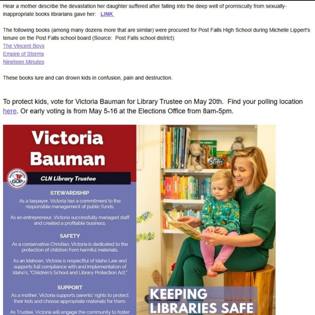SLHanley_author's tweet image. Keep porn out of the hands of children. Vote Victoria Bauman for CLN Library trustee May 20 Kootenai County Idaho elections.
#postfalls #cda #kootenaicounty