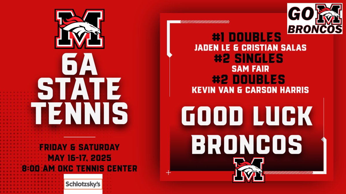MHS Bronco Sports (@mhsbroncosports) on Twitter photo ๐ด๐พ Good luck at State this weekend <a href="/MHSbroncotennis/">MHS Tennis</a>!
๐๏ธMay 16-17
โฐ 8:00 am
๐OKC Tennis Center
#GoBroncos #Horsepower
<a href="/MustangSchools/">Mustang Public Schools</a> <a href="/MHS_Broncos/">MHSBroncos</a> ๐ด๐พ Good luck at State this weekend <a href="/MHSbroncotennis/">MHS Tennis</a>!
๐๏ธMay 16-17
โฐ 8:00 am
๐OKC Tennis Center
#GoBroncos #Horsepower
<a href="/MustangSchools/">Mustang Public Schools</a> <a href="/MHS_Broncos/">MHSBroncos</a>
