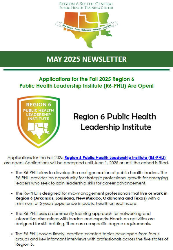 The May 2025 <a href="/Region6PHTC/">Region 6 SCPHTC</a> newsletter has been released. Read it here: conta.cc/4dh3yrT

Not subscribed to our newsletter? Email trdirect@tulane.edu &amp; we'll add you.

#PHTCN #PublicHealth