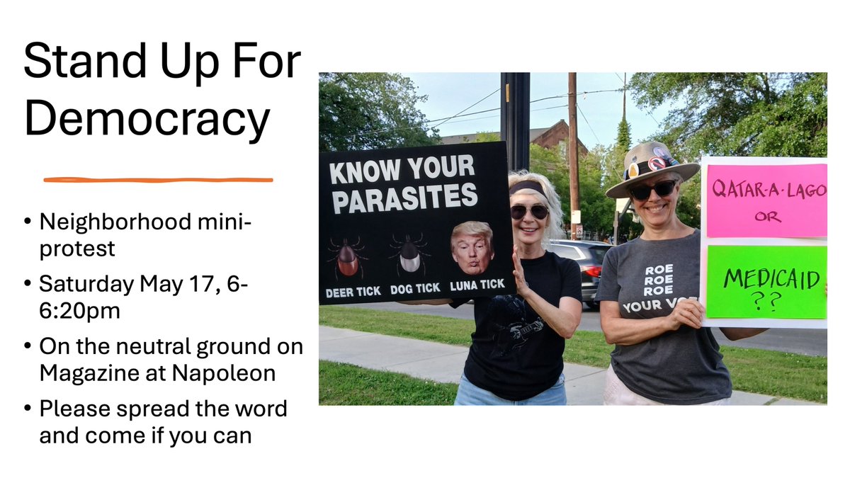 KarlWiderquist's tweet photo. Neighborhood mini-protest
Saturday May 17, 6-6:20pm
On the neutral ground on Magazine at Napoleon
Please spread the word and come if you can https://t.co/tOsumiRtfz